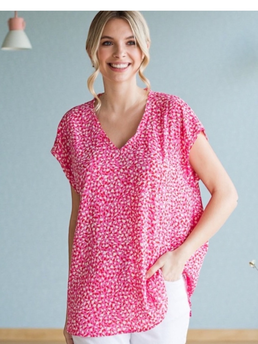 JODIFL Fuchsia Micro-Print V-Neck Short Sleeve Tunic